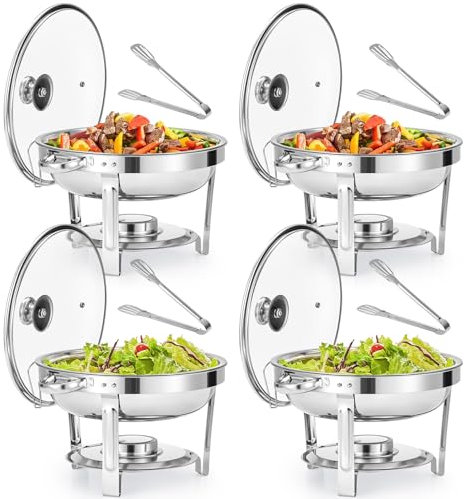 WILPREP Chafing Dish Buffet Set, 4 Pack 4.5L Round Chafers for Catering with Glass Lid & Lid Holder Water Food Pan, Stainless Steel Food Warmers