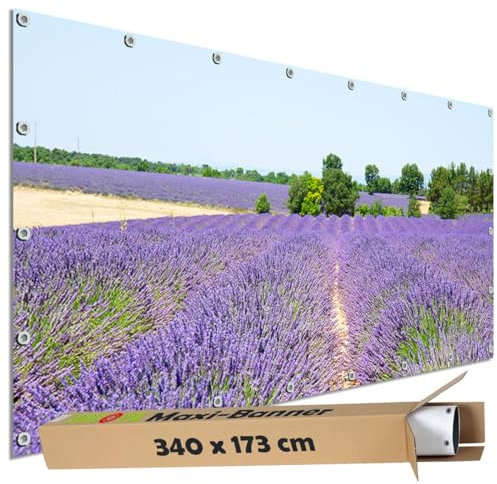 TRIOSK Sichtschutz Garten Dekoration Plane groß mit Motiv Lavendel Blüten Blumen Feld Motivbanner Blickdicht für Terrasse Zaun Gartenzaun Gartenposter PVC Zaunblende 340x173 cm