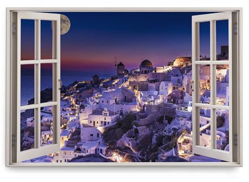 Paul Sinus Wandbild 120x80cm Fensterbild Griechenland Santorini Vollmond Nacht Meer
