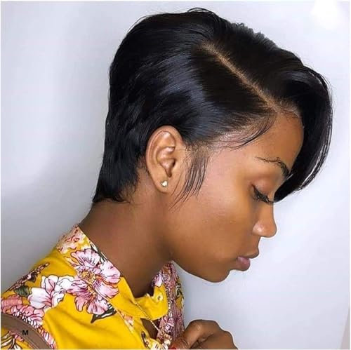 PORSMEER Perruque Cheveux Humain 13x4 Lace Frontal Wig de Couleur Noire,Pixie Cut Bob Perruques Avec Frange Perruque Courte Coupe Lutin Perruque Bresilienne Naturelle sans colle