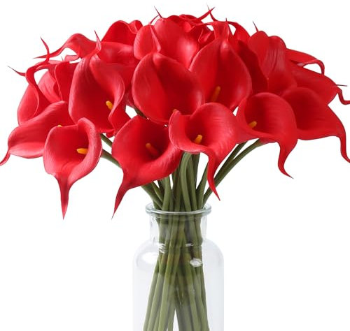 SITUMEIZI 24 flores falsas rojas artificiales de lirio de cala de seda, tacto real para el día de la madre, hogar, cocina, ramo de boda, decoración de oficina