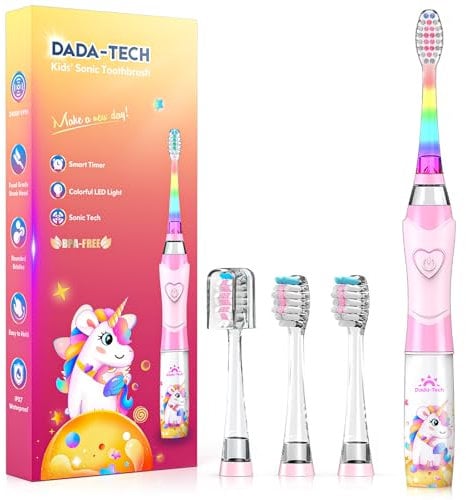 Brosse à Dents Électrique Enfant 3-6-8-12 Ans, Brosse à Dent Electrique Enfant Sonique Avec Minuteur, Lumières LED Arc-En-Ciel Et 4 Têtes à Poils Doux Pour Kids Filles Et Garçons (rose licorne)