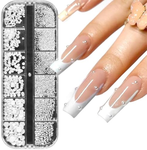 Acryl-Nagelschmuckdesign 1 Schachtel/12 Fächer mit Nagelstrass Nail Art StrasssteineWeiße Perlen Für Nägel Halbrunde Perlenkugeln Nail Charms Klein Edelstahl-Perlen Caviar Beads
