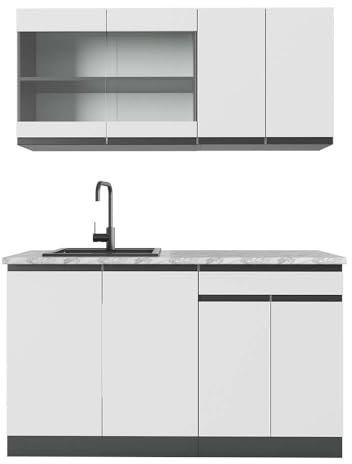 Vicco Singleküche R-Line, Küchenzeile Single, Weiß/Anthrazit, 140 cm, AP Marmor