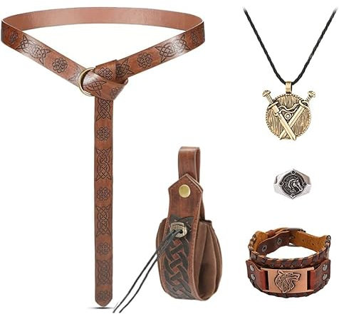 Hifot 5pcs Mittelalter Kleidung Damen Herren GüRteltasche Mittelalter Gürtel Accessoires Set Lederarmband Doppelschwert Halskette Silberring Wikinger Schmuck FüR Renaissance Knight Rider Deko Piraten