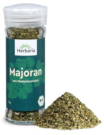 Herbaria Majoran bio 7g Streuer – Bio Majoran getrocknet und gerebelt – Bio-Kräuter – Bio-Gewürz – Bio-Küchenkräuter - Premium Bio-Qualität - im praktischen Glas-Gewürzstreuer