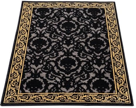 Belle Arti Luxus 3D Teppich Wohnzimmer Schlafzimmer Esszimmer Farashe in Schwarz Gold mit Bordüre - Kurzflor rutschfest Seidenglanz 3D-Effekt 100% Viskose - schwarz, 67x105 cm