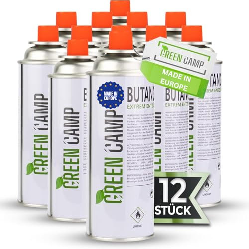 Greencamp ® Lot de 12 cartouches de gaz butane de 227 g, fabriquées en Europe, idéales pour réchaud à gaz, chauffage à gaz, brûleur à gaz, désherbeur ou réchaud de camping - Cartouche de gaz butane