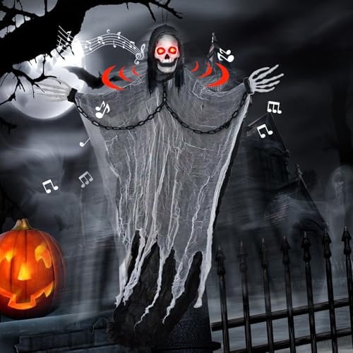 Qintora Halloween Deko Skelett zum Aufhängen Halloween Geist mit roten Glühende Augen und Stimmen Halloween Deko für Innen/Außen, Gruselige Halloween Dekorationen für Spukhäuser und Gärten