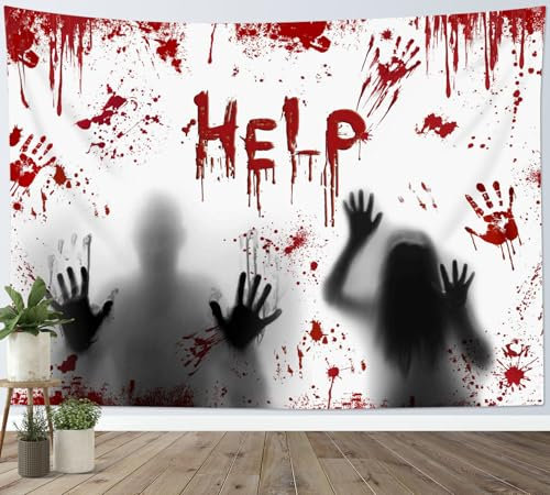 LB Wandteppich Horror Halloween Wandtuch Zombie Rot Blutig Hilfe Wandbehang Gruseliger Geist Tapisserie für Wohnzimmer Schlafzimmer Wohnheim Wanddeko,150x100cm