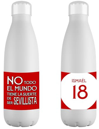 Mookase Botella Personalizada del Sevilla con Nombre - Botella del Sevilla - Botella de Acero Inoxidable 700 ml - Botella Equipo de Futbol Sevilla - Regalo Original - Botella para niña y niño