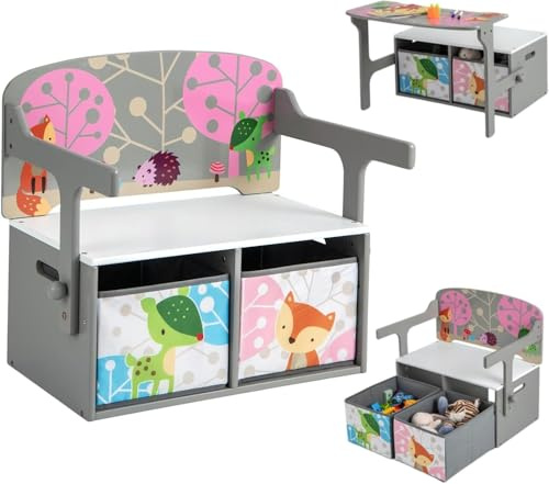 Kids Table and Chair Set, 3-in-1 Convertible Wooden Toy Storage Bench with Handle, 2 Bins for Kids Reading Nook, Toddler Table and Chair Set for Daycare Playroom Classroom (Gray)