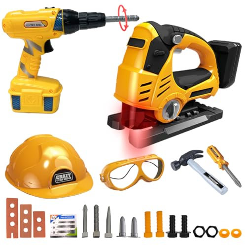 Xwin Sportseries 23PCs Kids Electric Tool Set – Interactive Yellow Drill and Jigsaw Pretend Playset Workshop Tools with Helmet, Goggles and Accessories for Kids Ages 3+ and Above