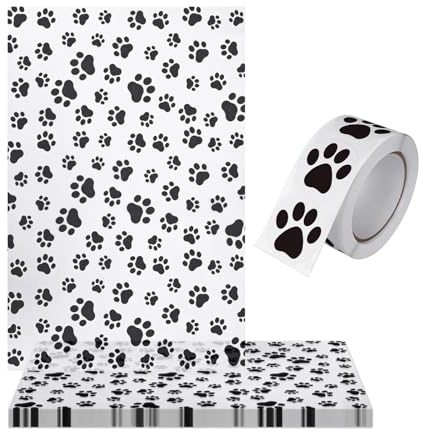 CHROMACRAFT 50 Blatt Geschenkpapier Mit Hundepfotenabdruck Und 1 Rolle Siegelaufkleber, Süßes Geschenkpapier, Geschenkverpackungsmaterialien