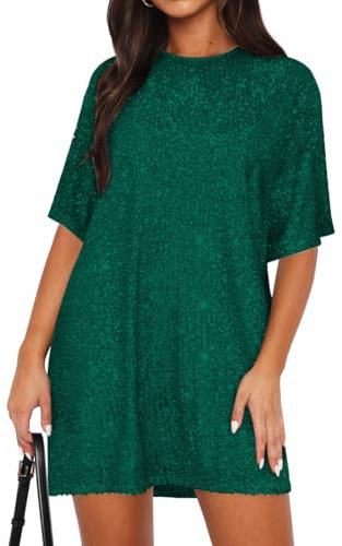 EUDOLAH Women's Sparkly Backless V-Neck Shirt Dress Sexy Half Sleeve Loose Party Club Cocktail Dress (L,Green)