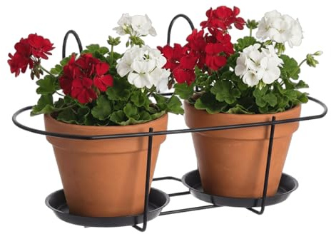 HERSIG - Soporte para 2 macetas o maceteros con platos de forja | Soporte forja negro decoración casa, jardin o balcón, d17cm (43x21/29x11,5/20cm)