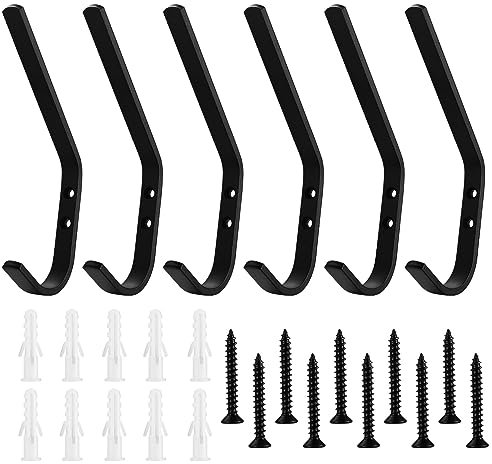 6 Pcs Large Black Coat Hooks, Heavy Duty Wall Hooks for Hanging, Screw in Coat Hanger Pegs for Kitchen Bedroom Bathroom Hanging Coats Bag Key Towel Purse Robe Hat Clothes Hookss Wall Mounted