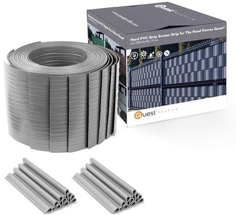 Quest Kit de lamelles Occultantes PVC – Brise Vue de Qualité Bandes de Protection pour Panneau Grillagé Clôtures Rigides – Hauteur : 19 cm - Longueur : 2,525 m - 900 g/m² - Gris 10 Bandes + 20 Clips