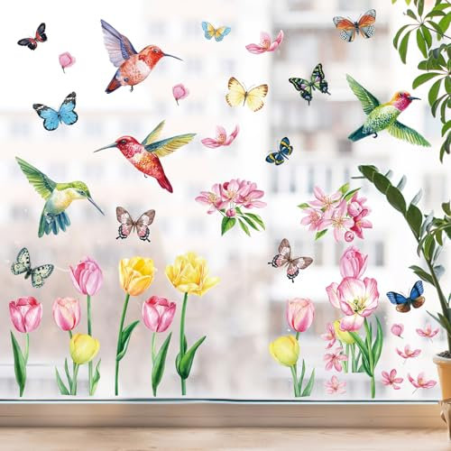 TNSLAND 10 Blatt Fensterbilder, Doppelseitig Blumen Fensterbild Schmetterling Fensterdeko Frühling Sommer Selbstklebend Fensterfolie Wiederverwendbar Fenstersticker Aufkleber (Tulpen)