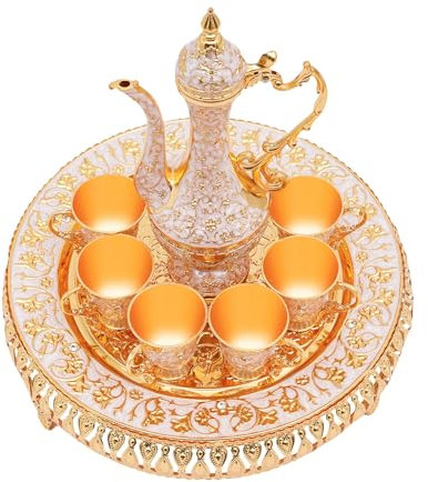Owneed Elegantes Teeservice Set aus Zinklegierung – 6-teiliges Goldenes Teegeschirr mit Tablett, 250ml Kanne & 25ml Tassen – Europäisches Design für Türkischen Kaffee, Nachmittagstee & Dekoration