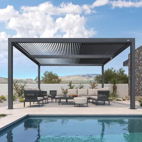 Pergola bioclimatica 4,6 x 3,3 m, doghe in alluminio regolabili, 15,18 m², per esterni, giardino, patio, gazebo moderno, colore grigio, perfetto per terrazza e cortile.