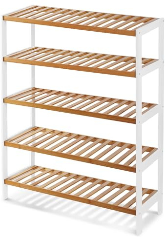 KEPLIN Natural Bamboo Shoe Rack Easy Assembly & Strong Design Shelf Organiser Ideal for Bedroom, Bathroom, Hallway & Small Spaces Capacity Up to 15 Pairs of Shoes (White/Natural, 5 Tier) (70x95x25cm)