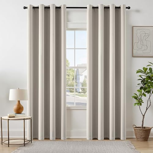EMEMA Blickdicht Vorhänge mit Ösen 2er Set 140x225cm Naturfarbe Gardinen | Verdunklungsvorhänge mit Ösen 225CM Lang bdunkelnde Thermovorhang für Wohnzimmer Schlafzimmer Ösenvorhänge H225xB140CM