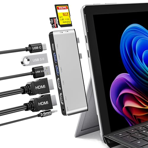 Surface Pro 11 Docking Station Zubehör - 8-in-1 Triple Display Microsoft Surface Pro 11/10/9/X Adapter mit Zwei 4K HDMI, USB C (40Gbit/s, 100W PD), 2X USB 3.0, SD/MicroSD Kartenleser und 3,5mm Jack