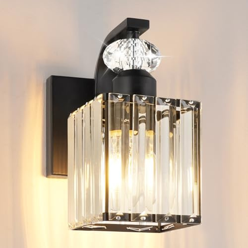 Vikdio Wandleuchte Innen, Moderne LED Wandlampe mit Lampenschirm aus Schwarzem Kristall für Schlafzimmer Badezimmer Spiegel und Flur, Inklusive 2 Glühbirnen