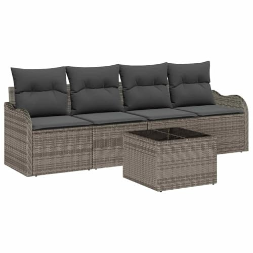 Qifoedo 5-teiliges Garten-Sofa-Set Grau Poly-Rattan Lounge Stahlrahmen Glas-Tisch 110x55 cm Modern Robust Terrasse Balkon