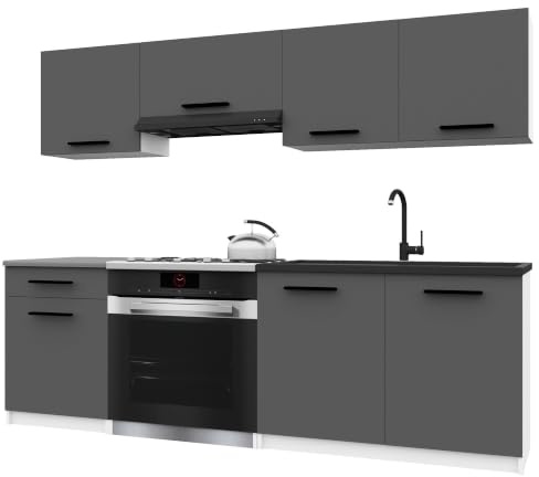 Belini Italia 1 Küchenzeile Küchenblock 180cm Grau Matt | Küchenset als gerade Küchenzeile, weiße Korpusse, DECOR ECONATURA Material, kratzfest, ohne Elektrogeräte, mit Arbeitsplatte
