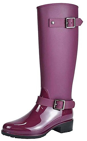 Jamron Donne Elegante Neve Pioggia Festival Alti Talloni Regolabile Cinturino in Fibbia Alto Ginocchio Zip Stivali di Gomma Viola SN02006 EU38.5