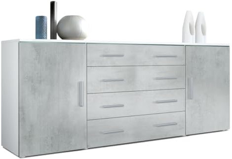 Sideboard Faro V2 - Kommode mit 2 Türen & 4 Schubladen, Schrank mit LED Lichtleiste, Weiß matt/Beton Oxid Optik (166,5 x 75,5 x 35)