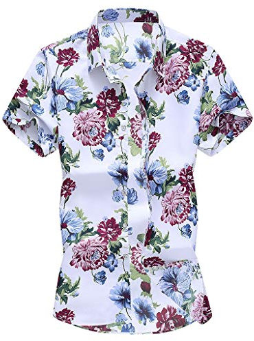 Yowablo T-Shirt Tops Herren Mode Slim Loose Hawaii Kurzarm Bedruckt Turn-Down-Kragen (4XL,7Mehrfarbig)