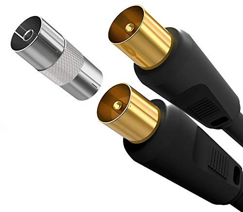 Ancable 0.5M TV Aerial Coaxial Cable Male to Male, Satellite Cable RF TV Antenna Coax Lead to PAL Male Gold Plated Connectors Black Flylead for Sky/SkyHD, Virgin, TV, VCR or DVD players with Coupler
