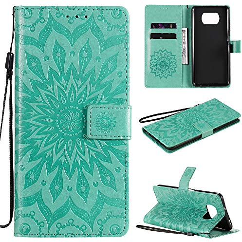 MHHQ Cover per Xiaomi Poco X3 NFC Custodia di Pelle Case Flip Portafoglio Retro Libretto Magnetico Protettiva Non Graffi Funzione Supporto Bumper Fiore Girasole per Xiaomi Poco X3 NFC - Verde