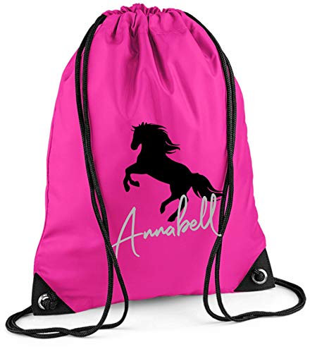 Turnbeutel mit Namen | Motiv aufsteigendes Pferd inkl. Namensdruck | personalisieren & bedrucken | Sportbeutel Schuhbeutel für Mädchen (pink)
