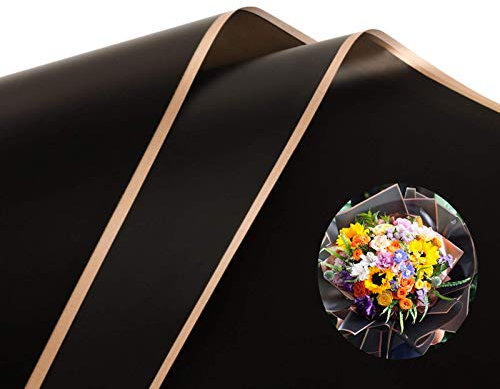 DODXIAOBEUL 20 Blatt Phnom Penh Blumen-Geschenkpapier, wasserdichtes Floristen-Bouquet-Papier, DIY-Handwerk, einfarbige Farben, 58,4 x 58,4 cm (goldener Rand, schwarz)