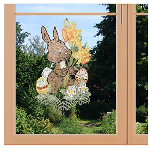 Zauberhaftes Oster-Fensterbild Hase mit Osterglocken aus Plauener Spitze