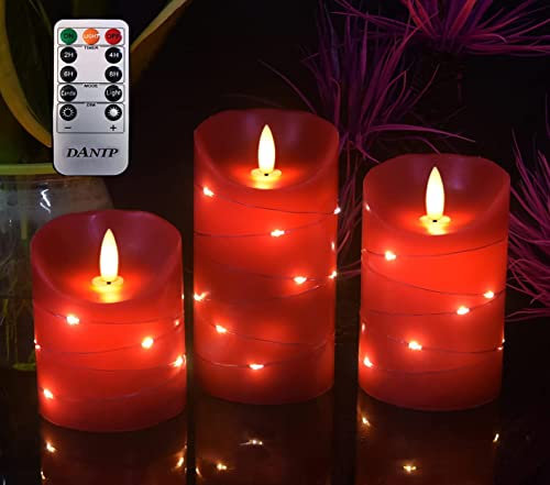 DANIP Rote flammenlose Kerze mit eingebetteter Sternenlichtschnur, 3 LED-Kerzen, 10-Tasten-Fernbedienung, 24-Stunden-Timer-Funktion, tanzende Flamme, echtes Wachs, batteriebetrieben.