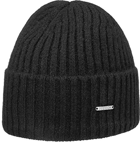 Stetson Varnell Kaschmirmütze Damen/Herren One Size (ca. 55-61 cm) - 100% Kaschmir - Wintermütze - Breiter Umschlagrand - Kuschelig warm - Länge 22 cm - Strickmütze Herbst/Winter schwarz One Size