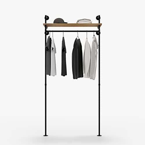pamo Kleiderstange Industrial Design mit Eichenbretter Garderobe und Regal für begehbaren Kleiderschrank Wand I Kleiderständer aus schwarzen stabilen Rohren zur Wandmontage aus Wasserrohren (Hedda)