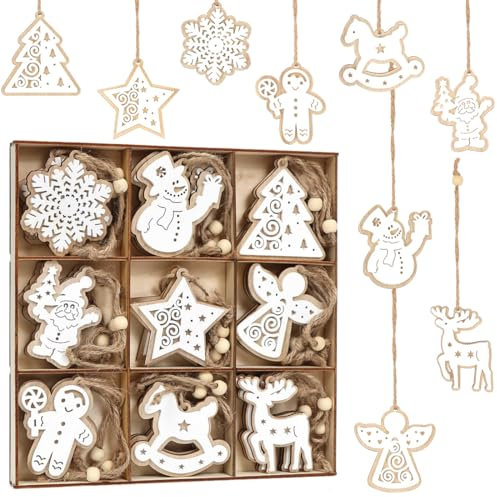 Holz Weihnachtsdeko Anhänger 27 Stück, Weihnachten Holzanhänger, Christbaumschmuck aus Holz, Weihnachtsbaum Deko Holz, Anhänger Ornamenten für Weihnachten Geschenke DIY Dekoration