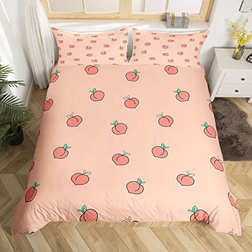 Loussiesd Pfirsich Bettbezug Set Kinder Karikatur Kawaii Pfirsiche Bettwäsche Set 135x200cm Damen Mädchen Rosa Frucht Dekor Betten Set Mikrofaser Niedlich Schlafzimmer