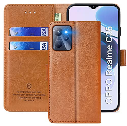 FMPCUON Funda para OPPO Realme C35,Funda Libro OPPO Realme C35 Funda con Tapa,Cuero Carcasa Magnético Funda Cartera Móvil para OPPO Realme C35, Marrón