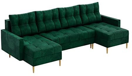 MEBLINI Schlafcouch mit Bettkasten - Ecksofa mit Schlaffunktion - Sofa mit Relaxfunktion und Kissen - Couch U-Form - Eckcouch - SCANDO - 290x140x75cm - Grün Samt