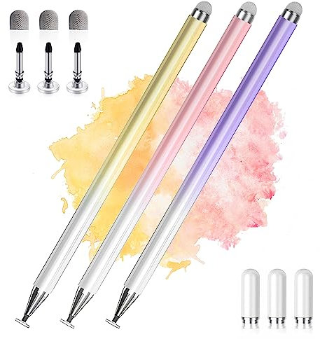 Penna per Tablet, Pennino Touch 2 in 1 per iPhone/Samsung/Lenovo/Android, Compatibile con iPad Pro/Mini/Air/Smartphone, Alta Precisione e Sensibilità, 3 Pack (Rosa, Viola, Giallo)