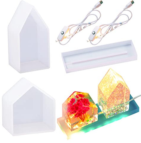 Yayatty LED Lampe Silikonformen, 2 Größe Haus Geformt Licht Silikon Gießformen mit Ständer, USB Betriebenes Licht für DIY Desktop Ornaments Tischlampe, Heimtextilien