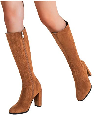 Kobilee Stivali Invernali Donna Sexy Curvy Pelle Western Boots Sopra il Ginocchio Morbidi Vintage Stivaletti Stivali Cowboy con Tacco Larghi Camoscio Anfibi Stivali Alti Elasticizzati Caldo