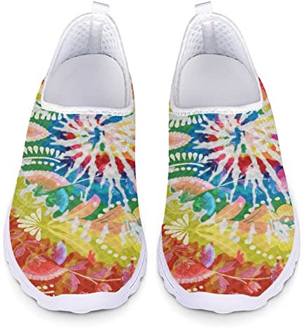 Kuiaobaty Damen Slip-on Turnschuhe Mesh Flache Schuhe Sport Sneakers Damen Laufschuhe Work Out Schuhe Atmungsaktiv, Regenbogenfarben, Batikfärbung, 39.5 EU